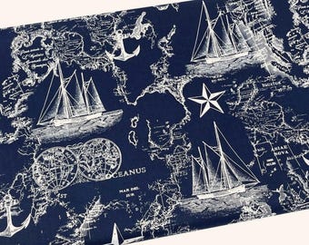 Navy Nautical Map Fabric by the Yard, Ships and Stars, Quilting Cotton B9.4