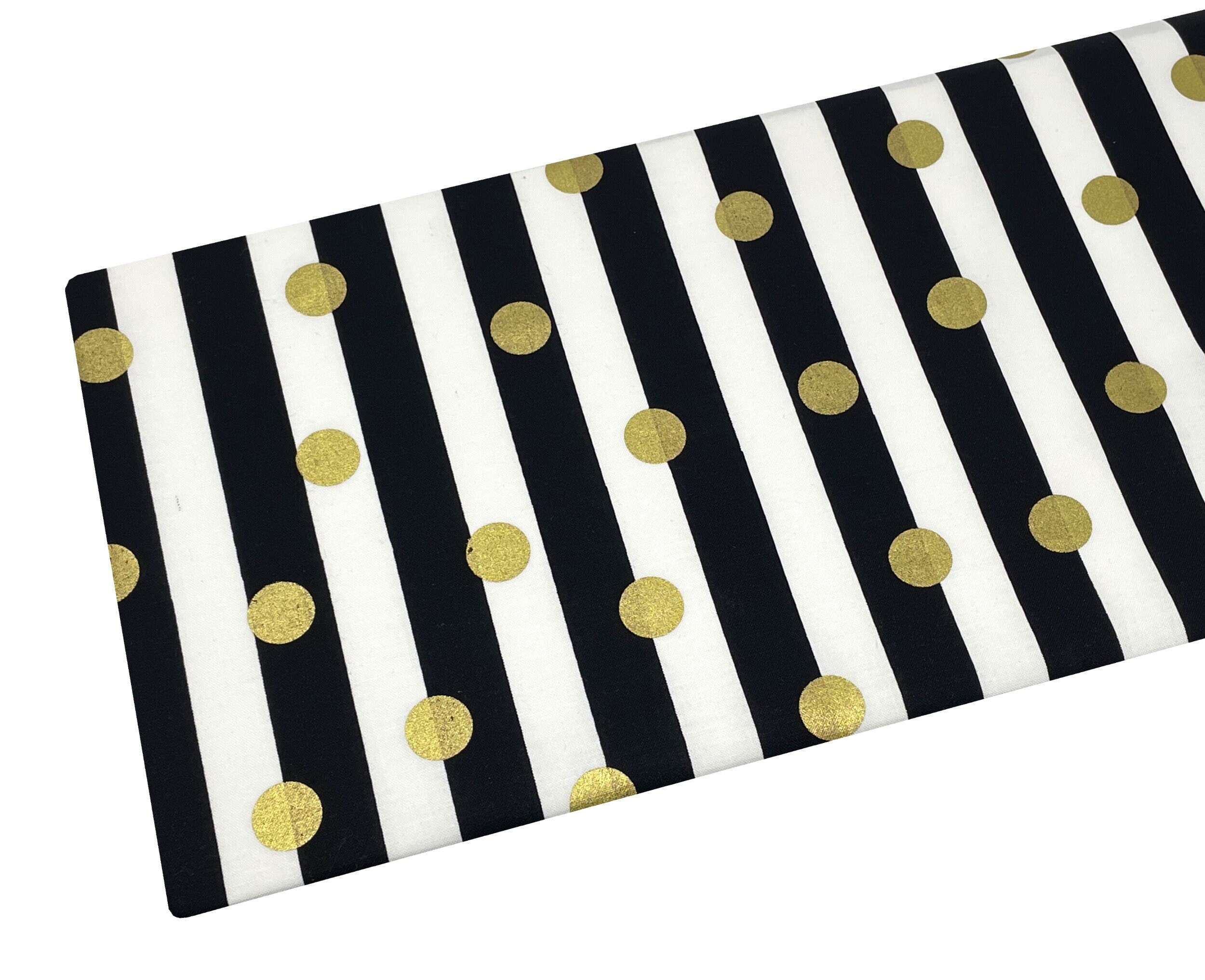 Gold Dots Black White Stripes Fabric, Metallic Gold, Fabric by the ya…