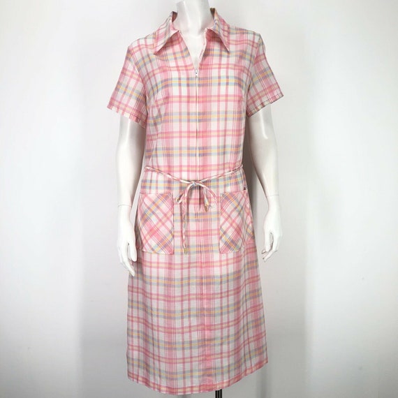 Vintage Plaid Shift Dress Womens 14 Pink White Hal