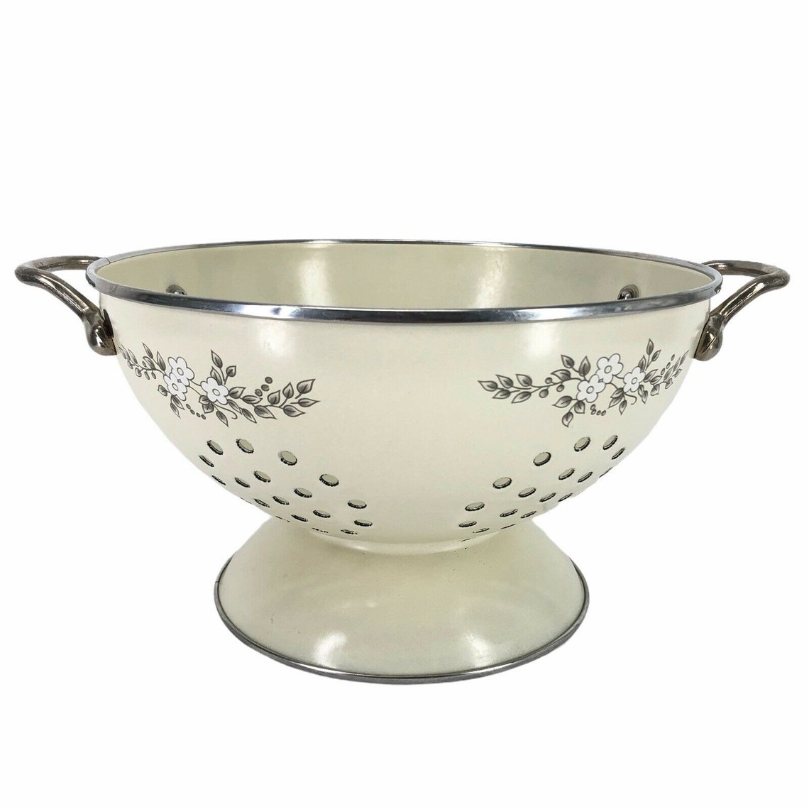 Vintage Colander Strainer Floral Flowers Pedestal Enamel Metal Etsy