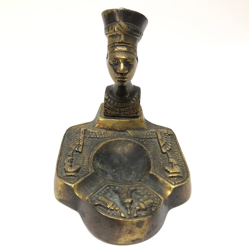 Vintage Egyptian Pharaoh Metal Ashtray Tobacciana Brass Folk Ornate Incense