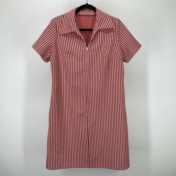 Vintage Shift Dress Striped Red White Half Zip 50'