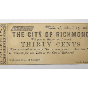 1863 Virginia Currency - Issued in Richmond - Civil War Currency - Civil War Memorabilia - Vintage State Currency