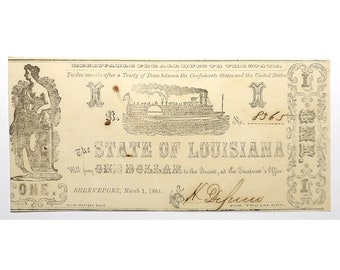 1864 Louisiana Currency - Shreveport - Civil War Currency – State Bank Note - Civil War Memorabilia
