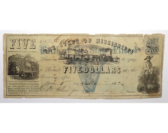 1862 Mississippi Currency – Treasury Office - Civil War Currency – Civil War Memorabilia – State Bank Note