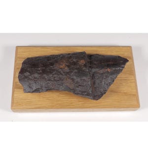 May include: A dark brown, irregularly shaped rock formation rests on a rectangular wooden base. The rock has a rough, textured surface with varying shades of brown and hints of rust. The wooden base is light brown.