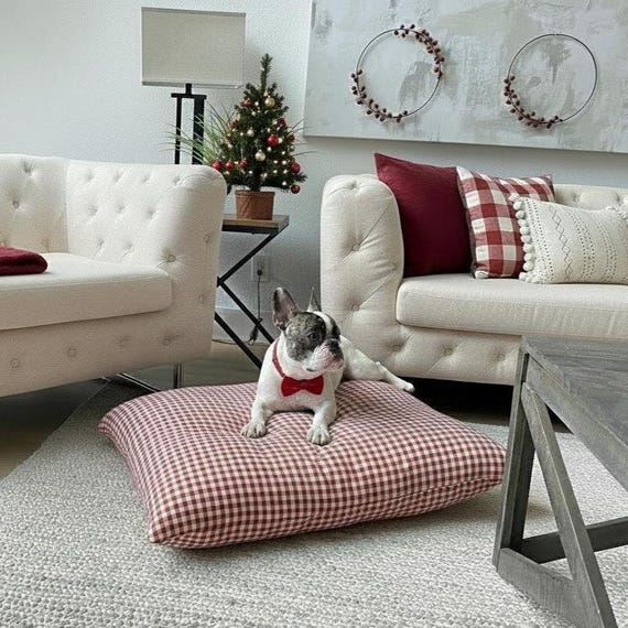 Red Holiday Gingham Dog Bed Duvet, Washable Check Dog Bedding With Name - Premium upholstery grade fabric, YKK Zipper, Choose You Color