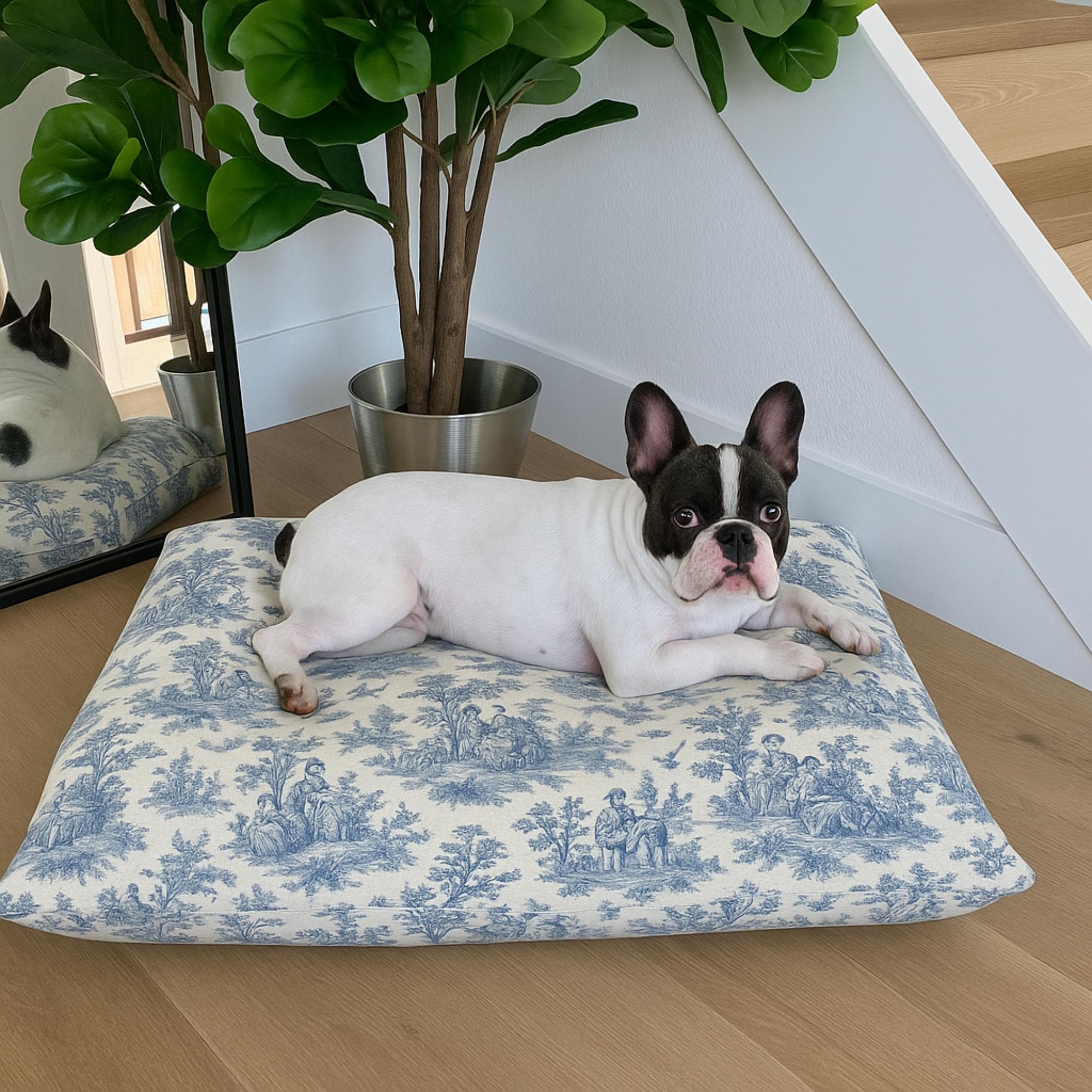 ブルーのトワル柄ペット用枕ベッド、トワル柄犬用ベッド羽毛布団または 