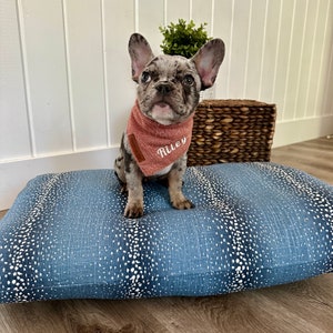 Frenchie Dog on A Blue Polka Dot Stripe Rectangular Pet Bed