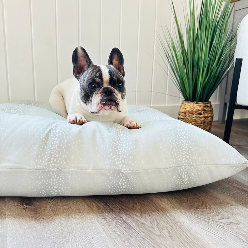 light blue polka dot with frenchie dog laying on top of a luxury pet pillow