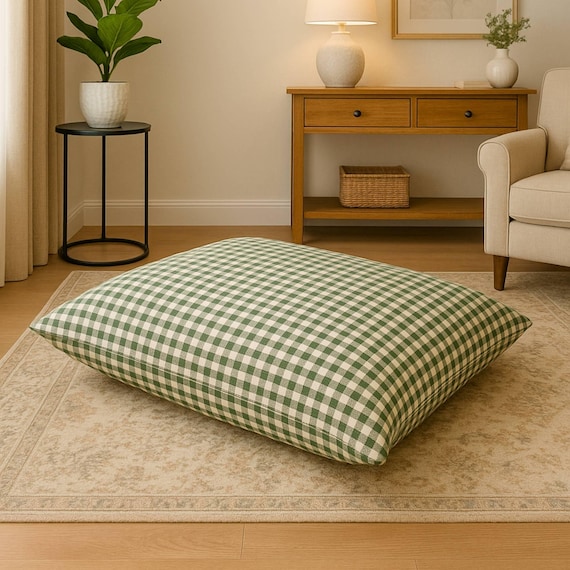 Green Fall Gingham Dog Bed Duvet, Washable Check Dog Bedding With Name - Premium upholstery grade fabric, YKK Zipper, Choose You Color