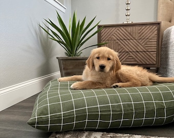 Salbei-Fensterscheiben-Hundebettdecke, moderner Bauernhaus-Hundebettbezug, klassischer Fensterscheiben-Haustierbettbezug in Grün, waschbare Hundebettwäsche mit Namen