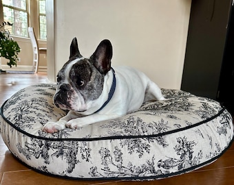 Copriletto rotondo in lino e tela, piumone per letto per cani in tela, letto moderno per animali domestici, lettiera sostenibile per animali domestici, lettiera nera per animali domestici con nome, letto per cani di grandi dimensioni