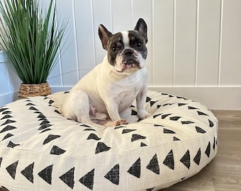 Funda redonda de lino para cama de perro, edredón moderno estilo boho para cama de perro, cama para mascotas estilo boho, ropa de cama personalizada para mascotas, cama para perro con nombre, cama grande para perro bordada