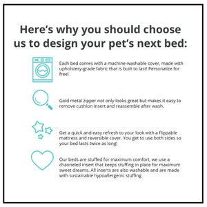 May include: Informational graphic with text: "Here's why you should choose us to design your pet's next bed." Features include a machine-washable cover, gold zipper, flippable mattress, and hypoallergenic stuffing.