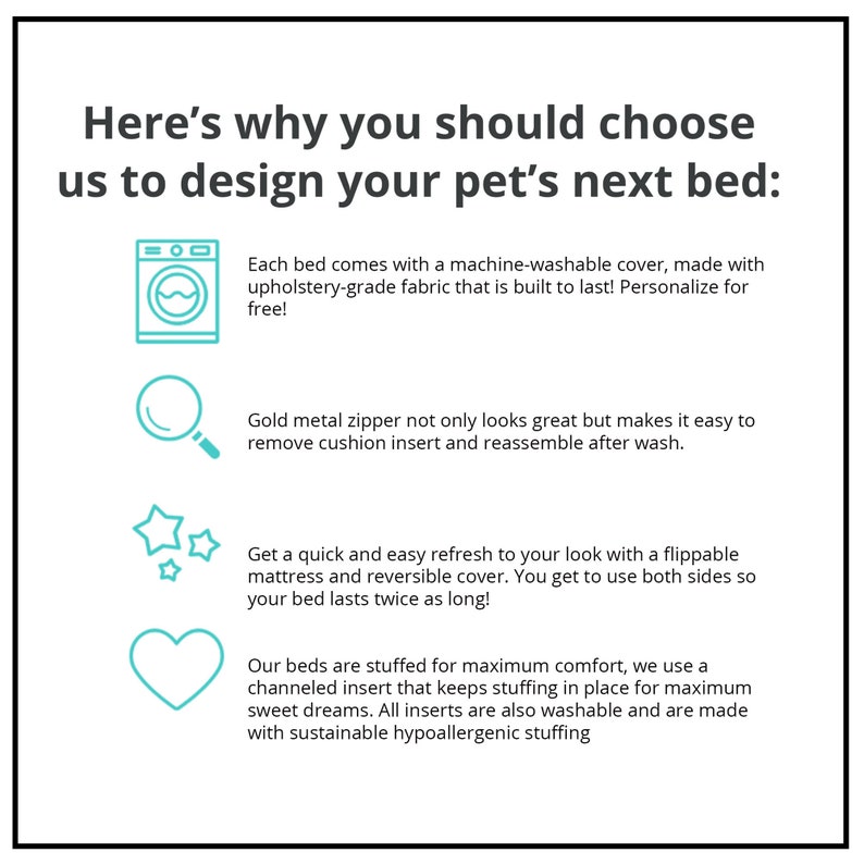 May include: Informational graphic with text: "Here's why you should choose us to design your pet's next bed." Features include a machine-washable cover, gold zipper, flippable mattress, and hypoallergenic stuffing.