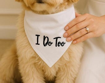 Bandana branca para cachorro com estampa de "Eu também", bandana personalizada bordada para anúncio de noivado de cachorro, bandana para cachorro, bandana de casamento personalizada