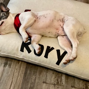 May include: A white French bulldog with a red and black plaid collar is lying on a beige dog bed with the name "Kory" printed in black.
