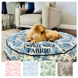 Round Toile Dog Bed, French Navy Toile Dog Bed, Modern Circular Pet Bed, Sustainable Pet Bed, Dog Bed With Name, Large Dog Bed Memory Foam