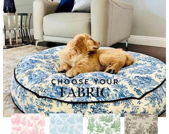 Letto per cani in tela rotonda, letto per cani in tela blu navy francese, letto circolare moderno per animali domestici, letto sostenibile per animali domestici, letto per cani con nome, letto per cani di grandi dimensioni in memory foam