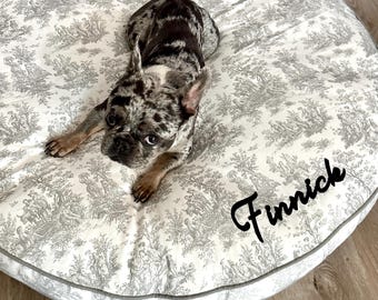 Copriletto in tela grigia, piumone per animali con motivo tela francese, cuccia rotonda per animali, cuccia sostenibile per animali, cuccia lavabile con nome per cani, cuccia per cani di grandi dimensioni