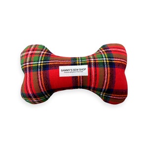 Red Tartan Squeaky Toy, Red Check Dog Chew Toy, Dog Bone Toy, Sustainable Pet Toy, Birthday Gift For Dogs, New Puppy Squeaky Toy, Pet Toys