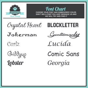 May include: A font chart with various font styles, including Crystal Heart, Jokerman, and Comic Sans. The text "Font Chart" is at the top, with a message about choosing font and embroidery colors. The Sammy's Sew Shop logo is in the upper left corner.