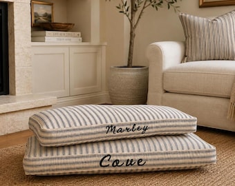 Personalized Black Line Ticking Stripe Dog Bed, Washable, Choose orthopedic memory foam or sustainable stuffing, custom sizing available