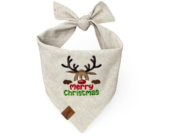 Christmas Reindeer Dog Bandana, Holiday Photo Dog Bandana, Linen Dog Bandana With Embroidered Merry Christmas Choose Your Fabric Color