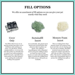 May include: Three different types of pet bed inserts are shown: a black and white patterned cover, a green sustainafill insert, and a white memory foam insert. The text reads "Fill Options" and "We offer an assortment of fill options so you can give your pet exactly what they need."