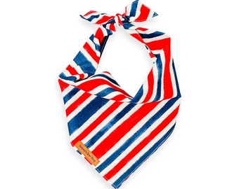 Fourth Of July Striped Dog Bandana, Red, White, and Blue Pet Bandana, Personalized Dog Bandana, Unique Shape, Easy Tie & that 'just so look'