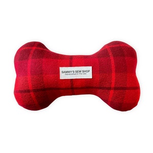 Red Flannel Squeaky Toy, Dog Chew Toy, Red Check Dog Bone Toy, Sustainable Pet Toy, Holiday Gift For Dogs, New Puppy Squeaky Toy, Pet Toy