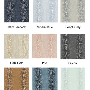 May include: Nine fabric swatches with a speckled pattern in various colors, including dark peacock, mineral blue, French grey, gobi gold, port, falcon, stucco, light peacock, and belmont.