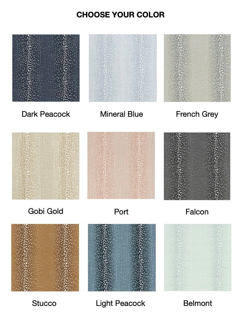 May include: Nine fabric swatches with a speckled pattern in various colors, including dark peacock, mineral blue, French grey, gobi gold, port, falcon, stucco, light peacock, and belmont.
