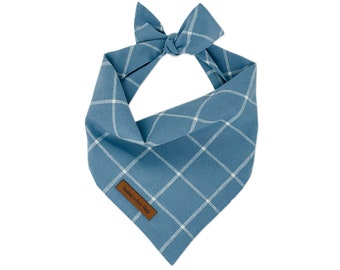 Dusty Blue Windowpane Check Dog Bandana, Soft Blue Pet Bandana, Spring Neckwear, Personalized Modern Dog Bandana, Blue Check Pet Bandana