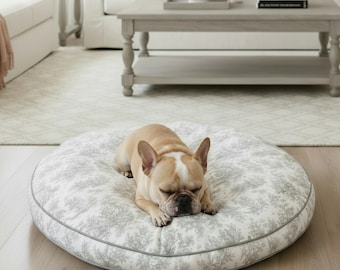 Grey Toile Dog Bed – Handmade Round Pet Bed in French Country Style, Washable Cover, Memory Foam or Sustainable Insert, Personalized.