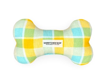 Spring Dog Bone Toy, Yellow Check Dog Chew Toy, Sustainable Pet Toy, Gifts For Dogs and dog moms, New Puppy Squeaky Toy, Custom Pet Toys