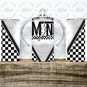 May include: A set of three stainless steel tumblers. One is a sippy cup with handles, and the other two are standard tumblers. All three have a black and white checkered pattern, a diagonal black stripe, and the text "MN" with a lightning bolt and skateboard.