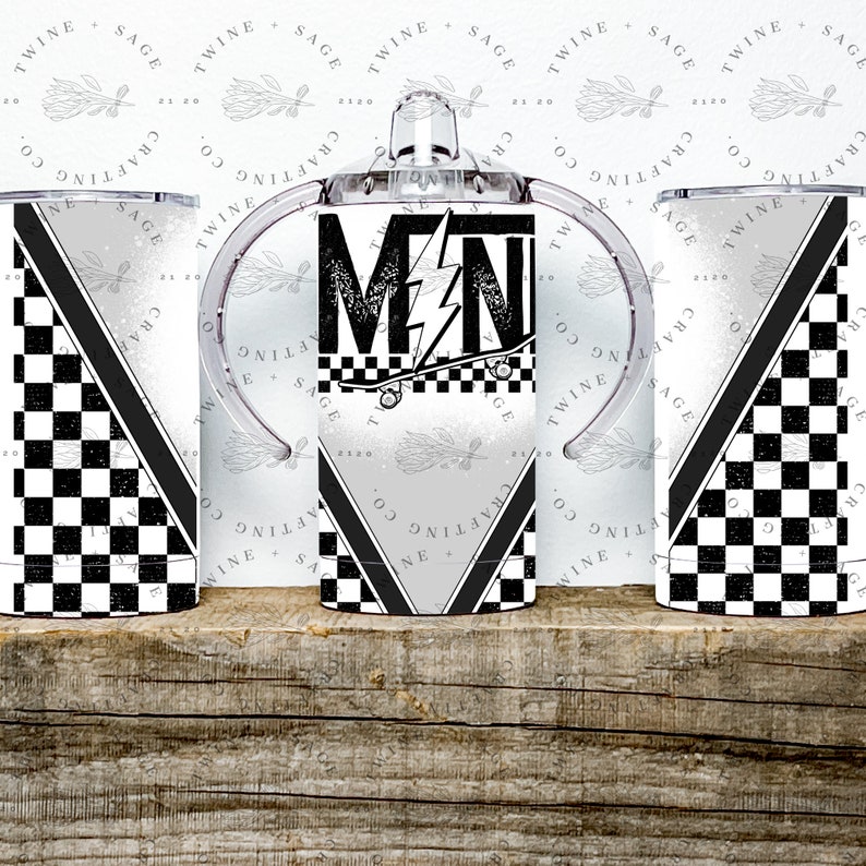 May include: A set of three stainless steel tumblers. One is a sippy cup with handles, and the other two are standard tumblers. All three have a black and white checkered pattern, a diagonal black stripe, and the text "MN" with a lightning bolt and skateboard.