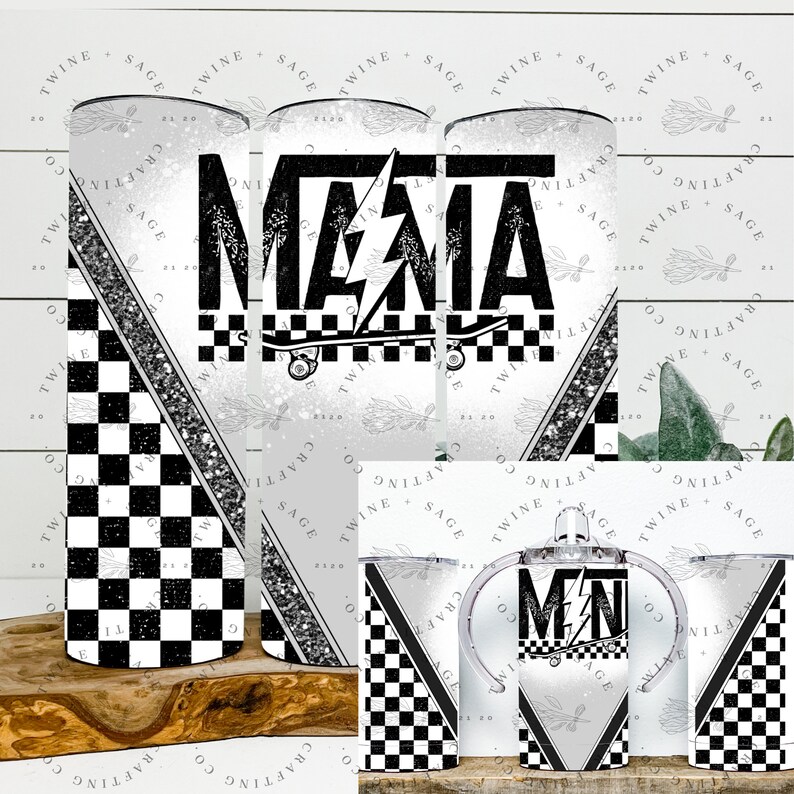 May include: A collection of tumblers and a sippy cup featuring a black and white design. The tumblers display the word "MAMA" with a lightning bolt and skateboard graphic. The sippy cup has the letters "MN" with a lightning bolt and skateboard graphic.