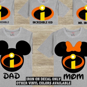 Mr. Incredible Mrs. Incredible Decal / Iron On Vinyl Decal Disney Honeymoon Matching Family Vacation Husband Wife Shirt Mom Dad 4 Shirt 399 image 1