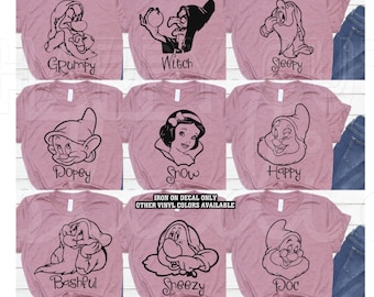 Snow White  7 Dwarfs Grumpy Sleepy Happy Dopey Bashful Doc Sneezy Matching Family Girls Trip Vacation Disney Iron On Decal Vinyl 4 Shirt 074