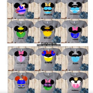 Disney Princess Iron On Belle, Tiana, Rapunzel,  Cinderella,  Mulan,  Jasmine,  Aurora,   Minnie Mouse Matching Girls Trip for shirts