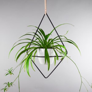Peut inclure: Un pot de fleurs suspendu en métal noir de forme géométrique avec un pot en céramique blanc et une plante araignée verte. Le pot est en forme de diamant et est suspendu à un cordon en cuir.
