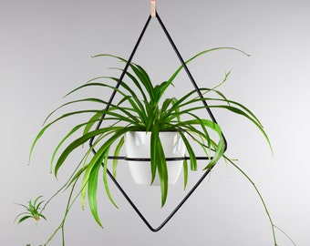 The Fernie - Diamond Hanging Planter - Leather Strap - Plant Hanger - Wire Steel Metal