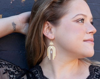 Emilia Earrings ~ Brass & Moonstone ~ Statement Gold Rainbow Arch Sun Dangles Handmade Jewelry