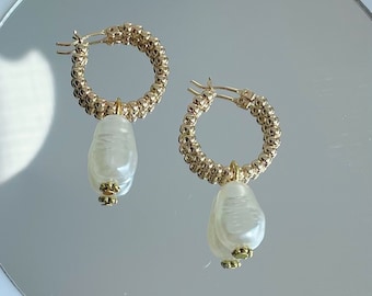 Olivia Pearl Hoops~ Gold Plated Brass Ball Earrings with removable charm Handmade Gift Wedding Bridal Minimal Summer Style