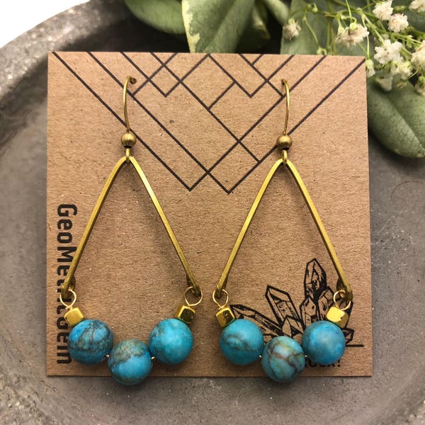 Rose Valley Dangles ~ Marbled Blue Jasper & Brass Cube beads Teardrop Earrings Unique Gift Handmade in Philadelphia