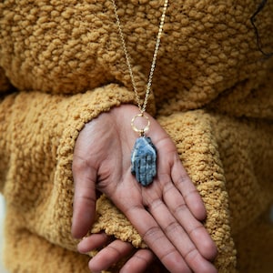 Hand Necklace ~ Larvikite ~ Gemstone Protection Pendant on Long Gold Plated Chain Handmade in Philadelphia Evil Eye
