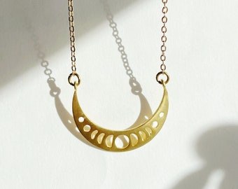 Moon Phases Necklace ~ Brass ~ Celestial pendant & gold plated Chain Minimal  Birthday Gift